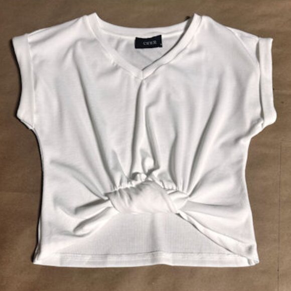 Cropped White V-Neck Top, Front Knot from Cider, XS - Picture 2 of 7